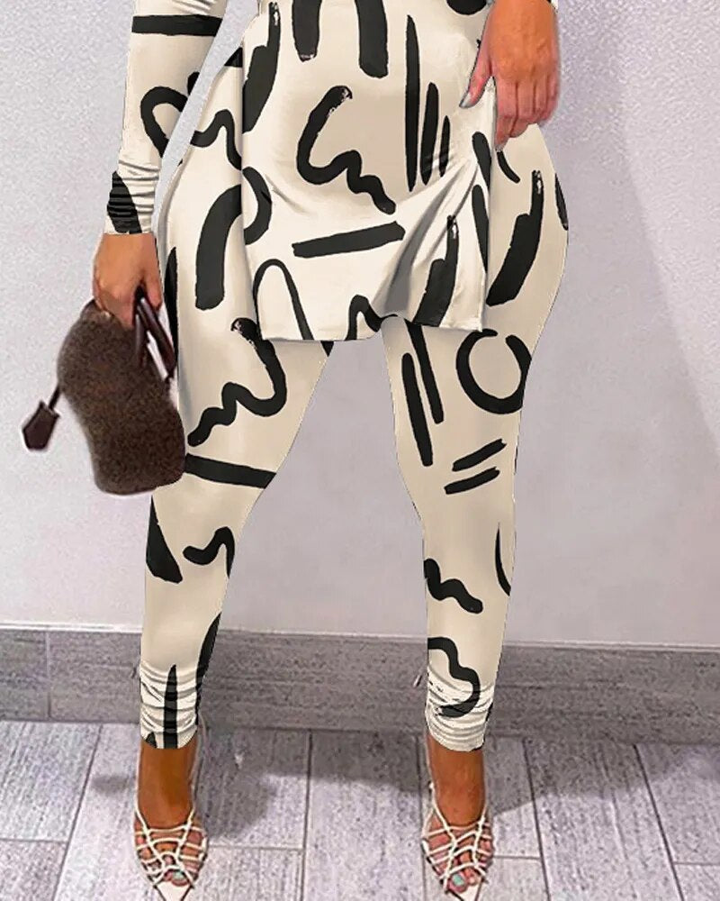 Women Fashion Two Piece Suit Sets Elegant Skinny Skew Neck